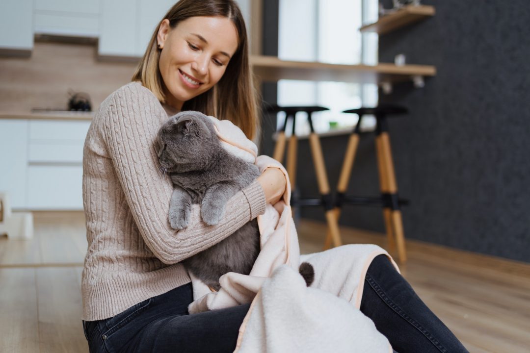 A lady with a puppy sitting in her hands and lap, showing affection and care.